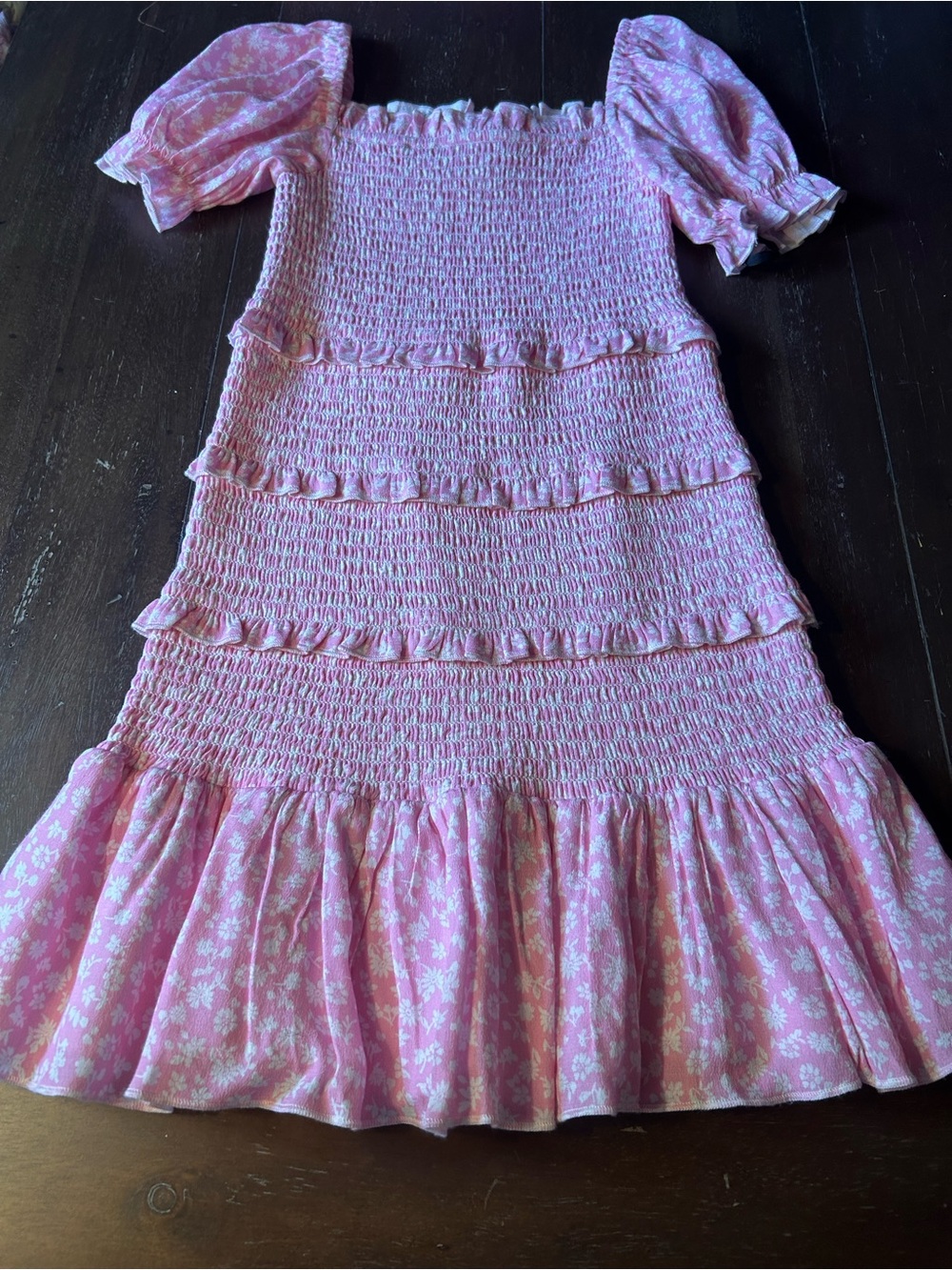 Girls' Pink Floral Smocked Puff-Sleeve Formal Dress